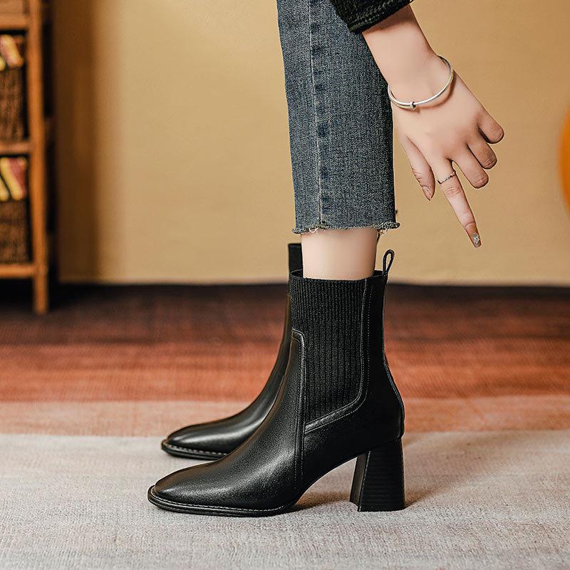 Knitted elastic boots high-heeled short boots women's spring and autumn single boots 2025 new thin boots thick heel medium tube fashion boots