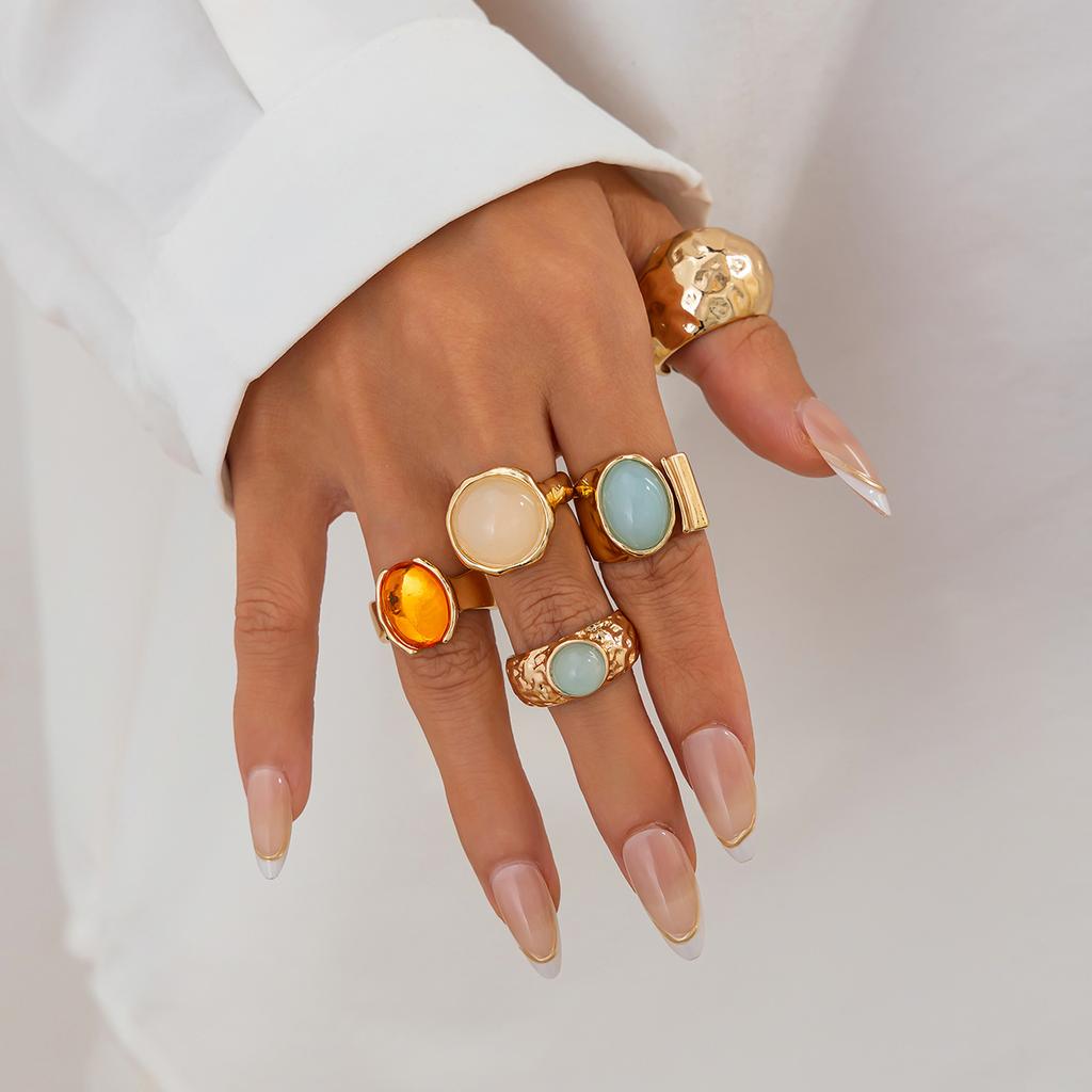 Mix and Match Stacked Gemstone Ring Set for Women, Retro Niche Percussion Open Ring Jewelry.