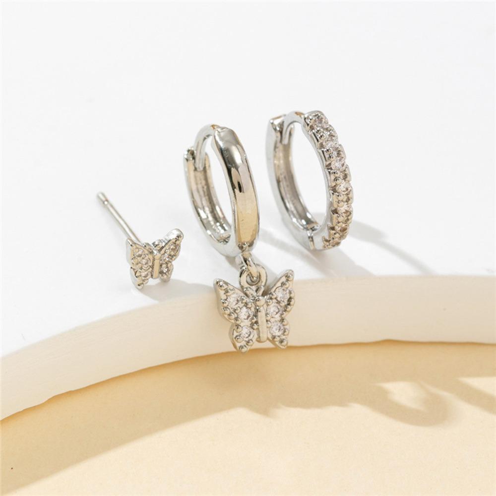 3pcs Set Fashion Exquisite Shiny Inlaid Zircon Butterfly Stud Earrings for Women Stainless Steel Hoop Earrings Jewelry Sets Gift