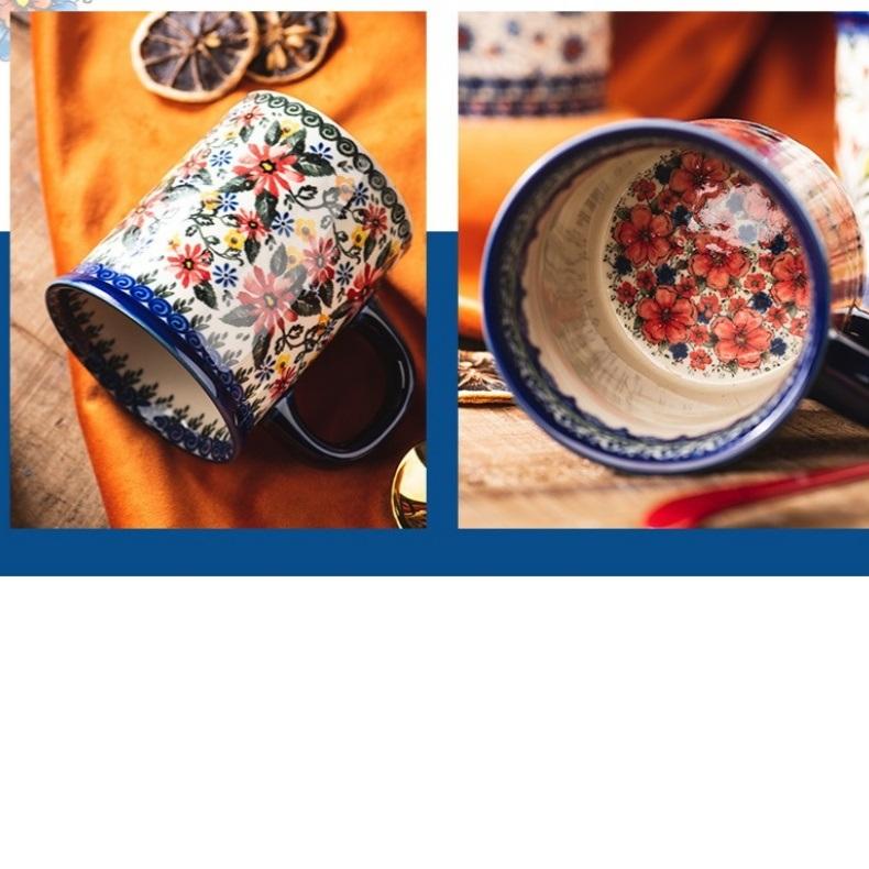 Bohemian Floral Ceramic Mug, Vintage Style Red Blue Flower Coffee Cup for Home & Gift