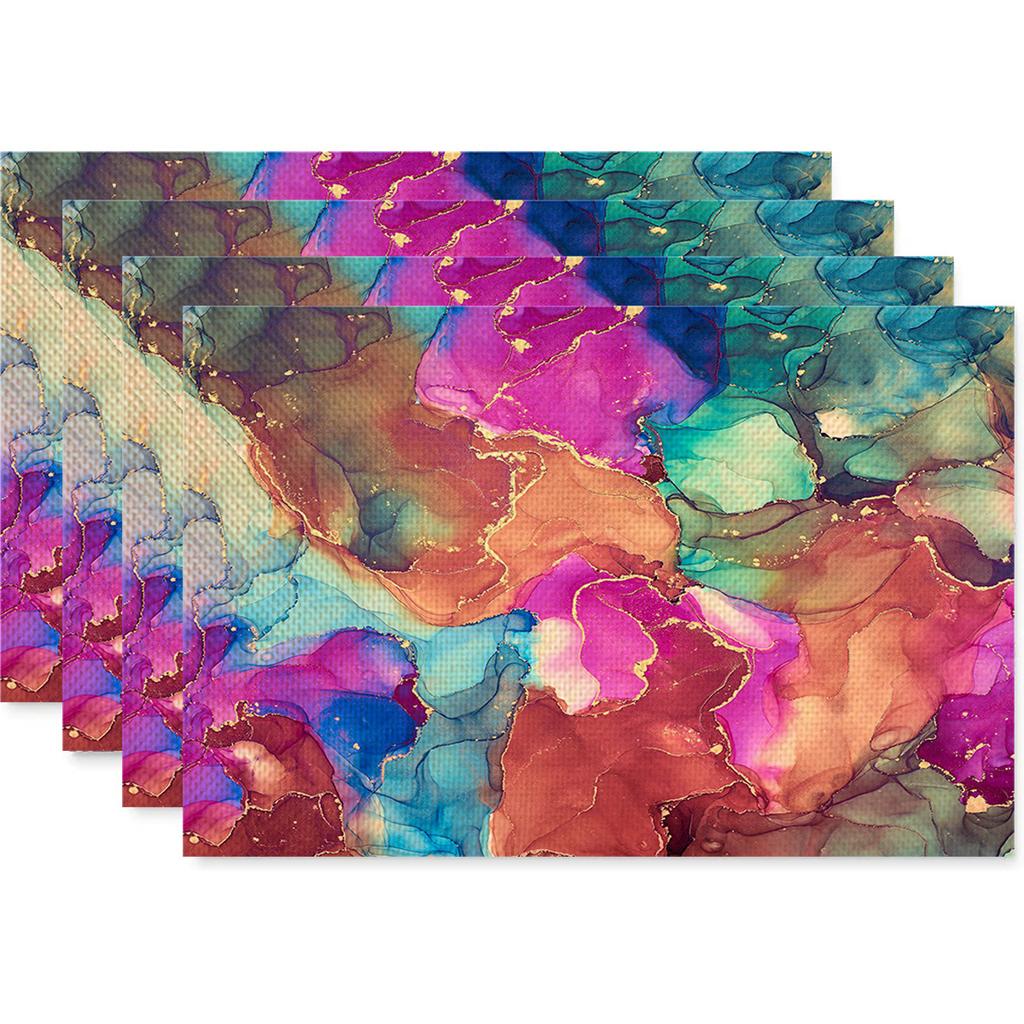 Anti Fouling and Heat-insulating Table Mat 4PC Placemat Watercolor Marble Printed Fabric Linen Placemat  Western Style Placemat