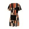 Elegantes T-Shirt-Kleid mit geometrischem Farbblock für Damen – lässiger Urlaubsstil, Rundhalsausschnitt, kurzärmeliges Kleid