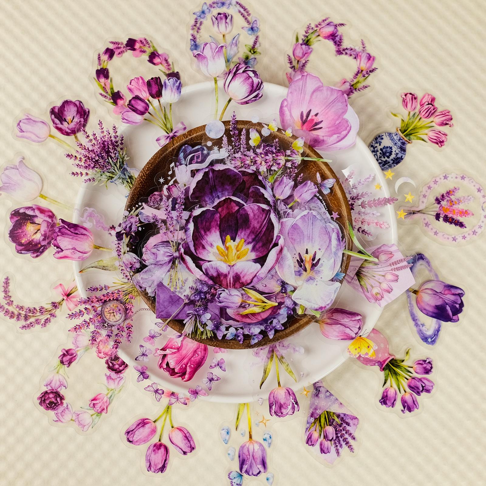 

56 Dream Purple Tulip Pet Stickers Floral Vase Wreath Modeling Literary Style Decorative Stickers
