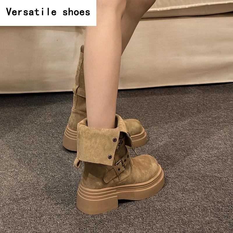 Vintage Winter Damen Motorradstiefel Mode Gürtelschnalle Mid-Calf Stiefeletten Plateau Dicke Ferse Lässige Damenschuhe