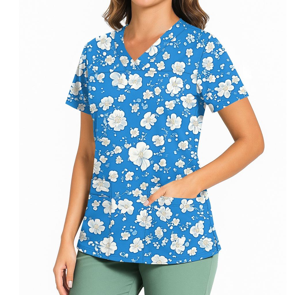 Women's Casual Printed V-Neck Pocket Side Slit Short Sleeved Top Short Sleeved Top