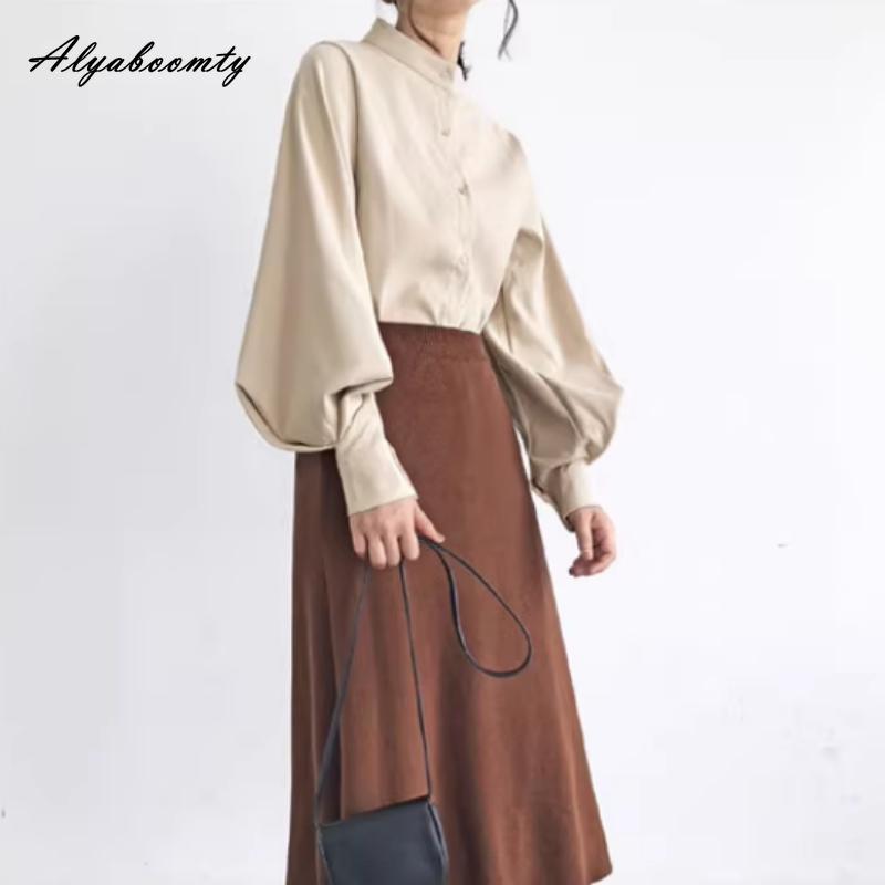 Korean Fashion Spring Autumn Women Blouse Stand Collar White Black Blue Khaki Loose Casual Shirt Lantern Sleeve Stylish Elegant Blouse