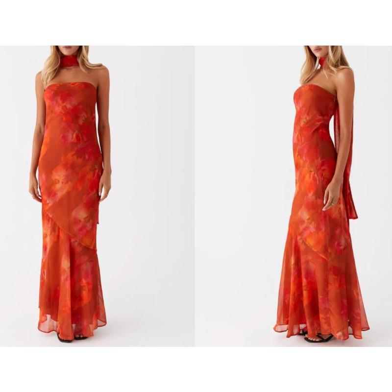 Europe, America, Amazon Spring and Summer New Temperament Socialite Satin Backless Tube Top Digital Printing Dress