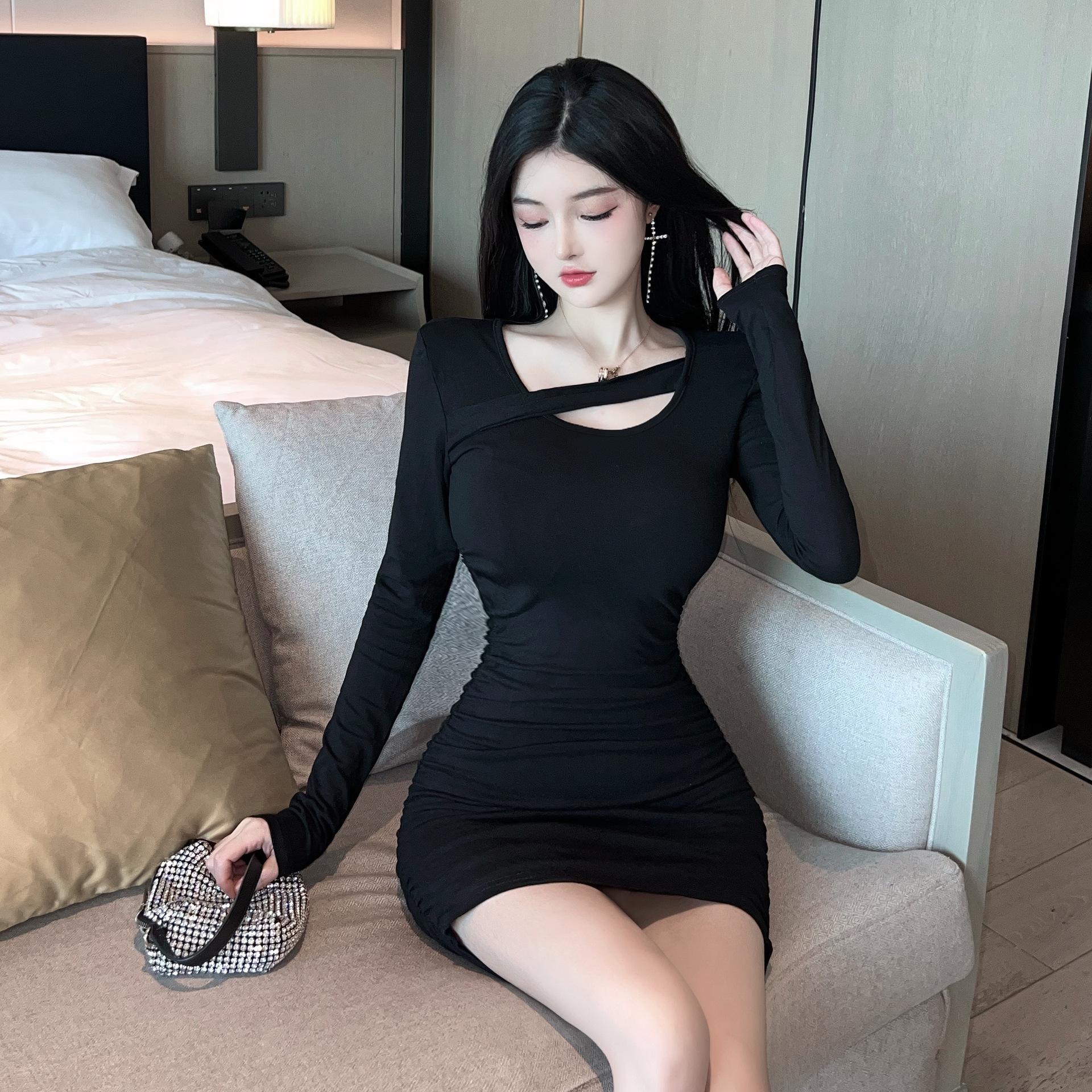 Pure desire sexy style tight hip wrap dress women s pleated waist slim cotton bottom hip wrap short skirt S чёрный