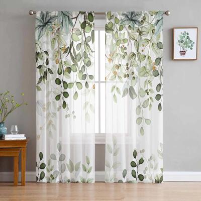 Rideaux transparents en Tulle avec Branches de feuilles vertes de sauge abstraites, pour salon, cuisine, fenêtre, chambre à coucher
