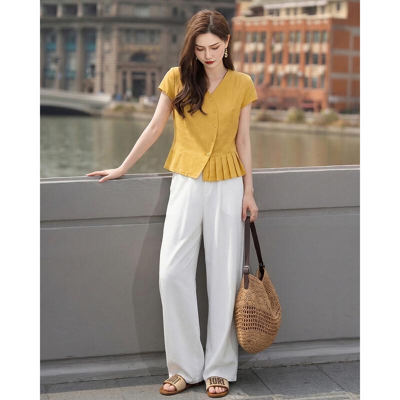 TERRE BLEUE Women's Summer V-Neck Shirt & Wide-Leg Pants Set