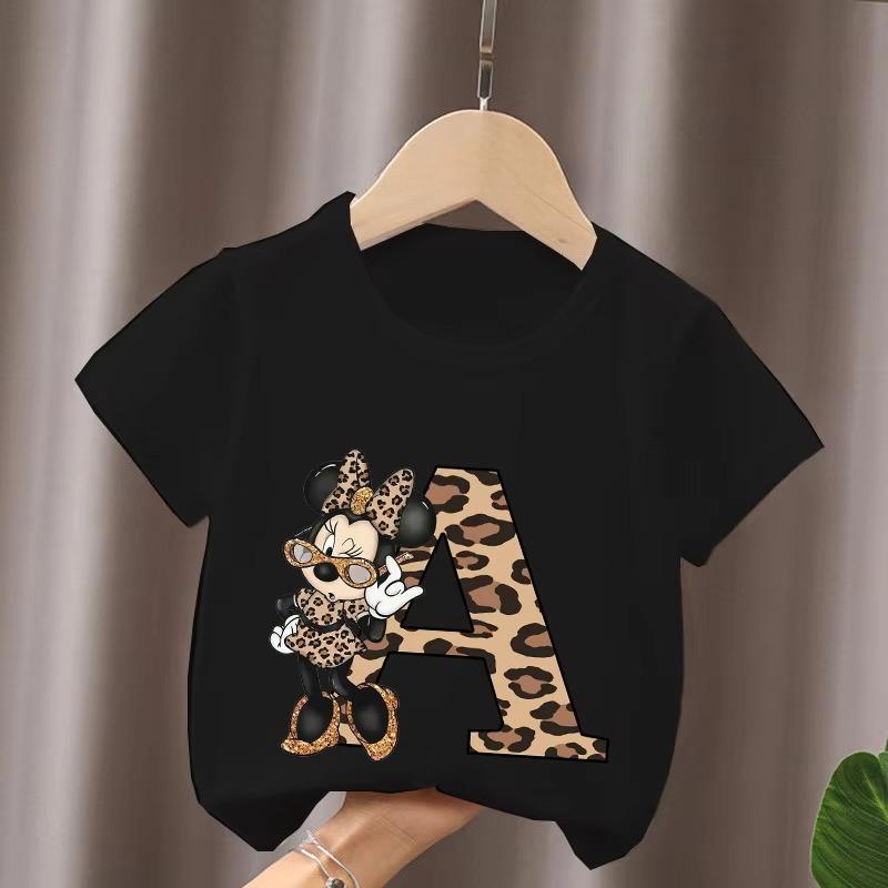 Mouse Leopard Letter A B C Name Print Unisex Women Tops Kids Tshirt Clothes Black Short Sleeve Black T Shirt