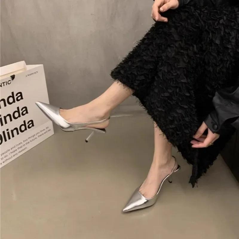 Summer Silver Heels Pointed Toe Women Pumps Fashion Slip On Slingbacks Shoes Ladies Sexy Heel Party Dress Sandalias
