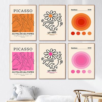 Picasso Dancer Bauhaus Round Haring Wall Art Pink Aesthetics Orange Canvas Painting Nordic Poster and Prints Living Room Decor