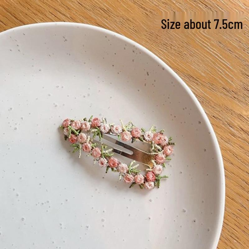 2025 Spring/Summer Sweet Pink Flower Embroidered Hair Clip for Kids