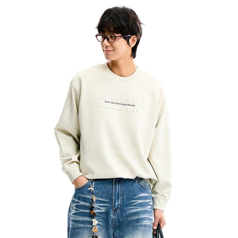 Men's Autumn Loose Casual Hoodie, Trendy Letter Design, Versatile Black or Apricot, In Stock with Tag, Pullover Style.