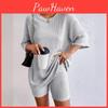 Casual Color Fashion Spring Solid Round Neck Loose Womens Shorts Set