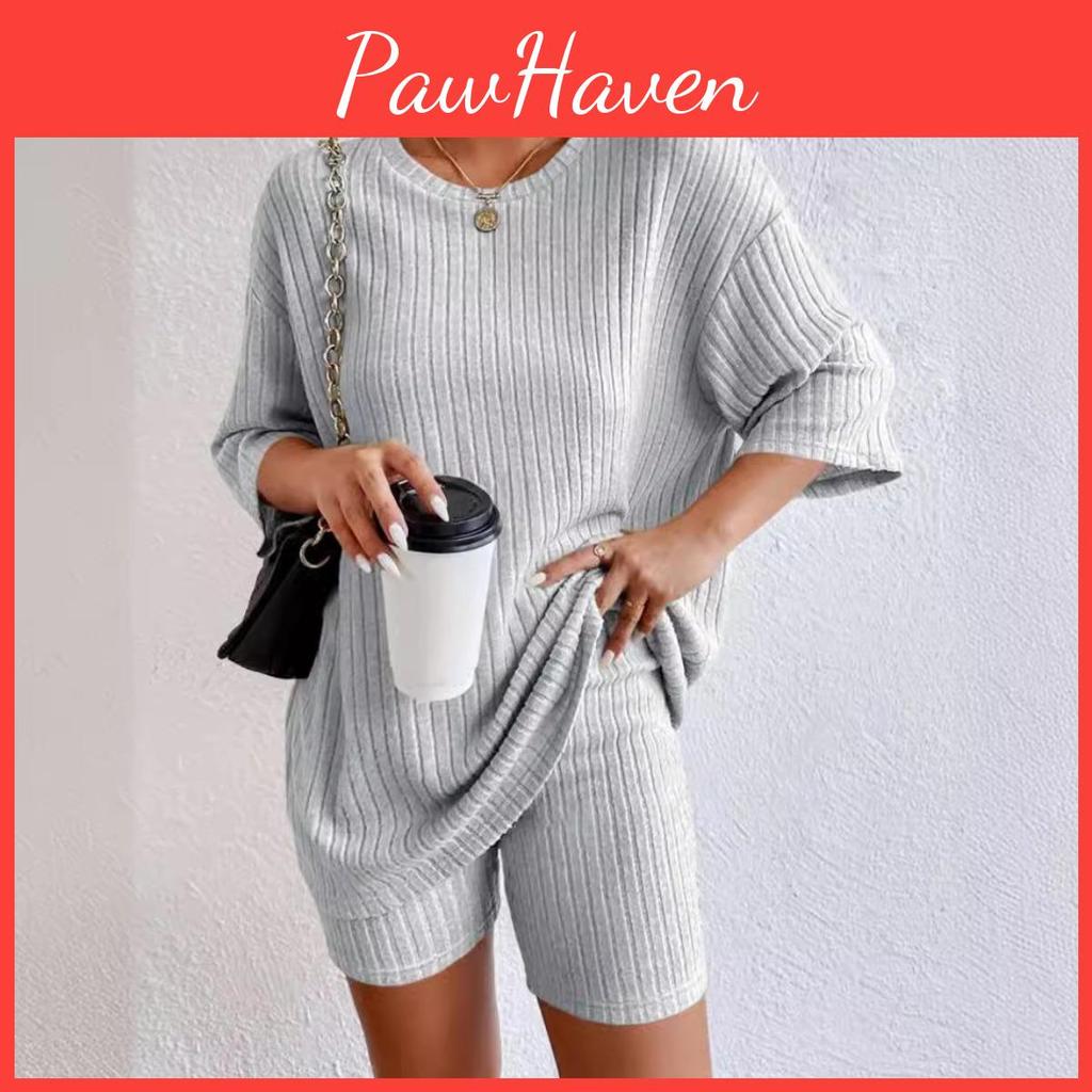 Casual Color Fashion Spring Solid Round Neck Loose Womens Shorts Set
