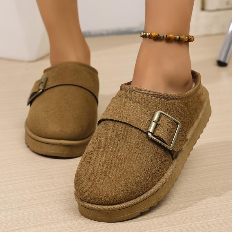 Fashion Fashion Metal Buckle Close Toe Cotton Outdoor Slippers Women 2025 Short Plush Thick Bottom Snow Boots Warm Winter Shoes Women