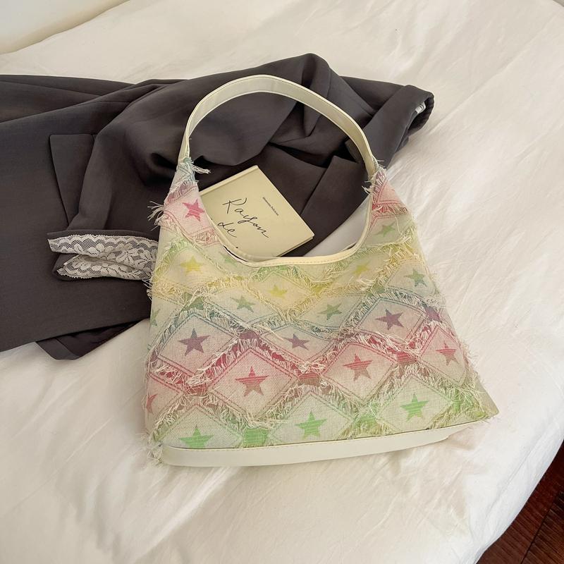 Star Print Frayed Denim Tote Bag Large Capacity Casual Shoulder Handbag for Women