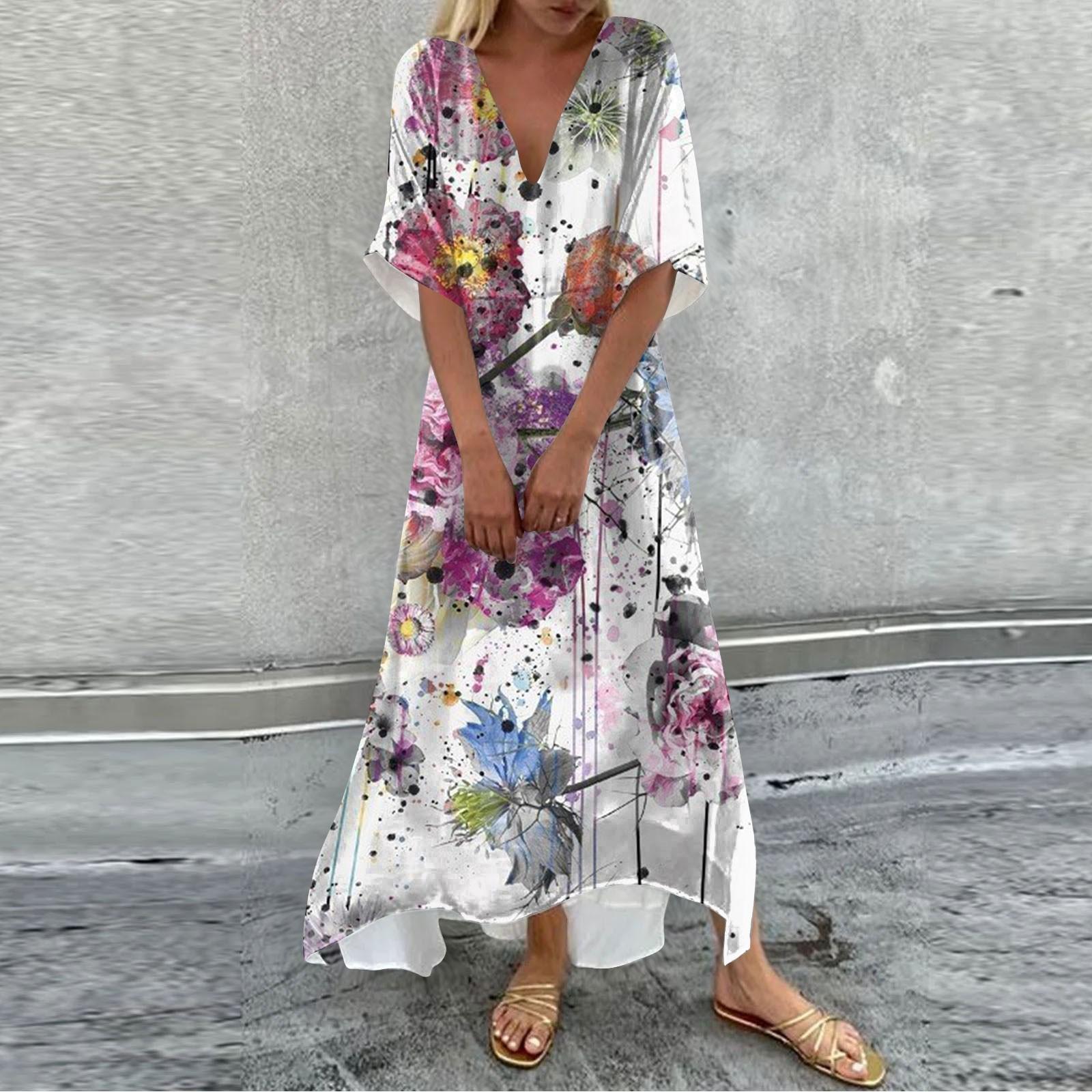 

Женское летнее повседневное свободное платье с v-образным вырезом и короткими рукавами с принтом XL розовый