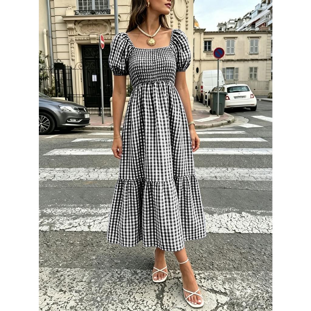 Plus Size  Summer Country Style Gingham V-Neck Puff Sleeve High Waist Tiered Cake Dress Casual Summer Dress