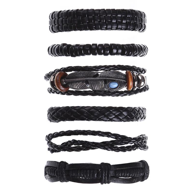 Punk 6-Piece Genuine Leather Multi-Layer Bracelet Set
