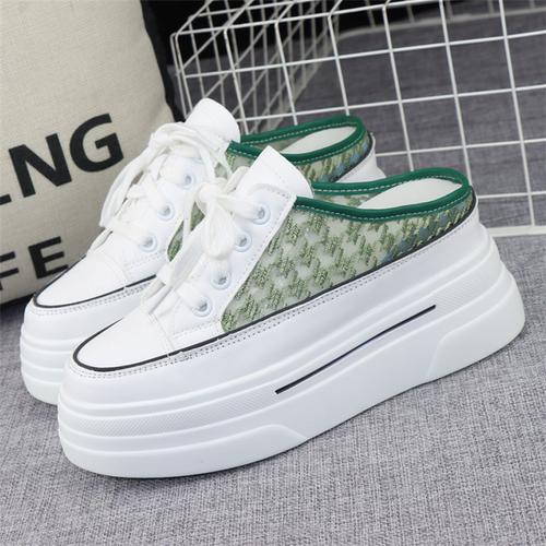 

Модные дышащие полутапочки с круглым носком из сетки, женская летняя новая верхняя одежда с толстой подошвой, с завышенной высотой 8 см, без каблука, кроссовки без застежек 40 зелёный