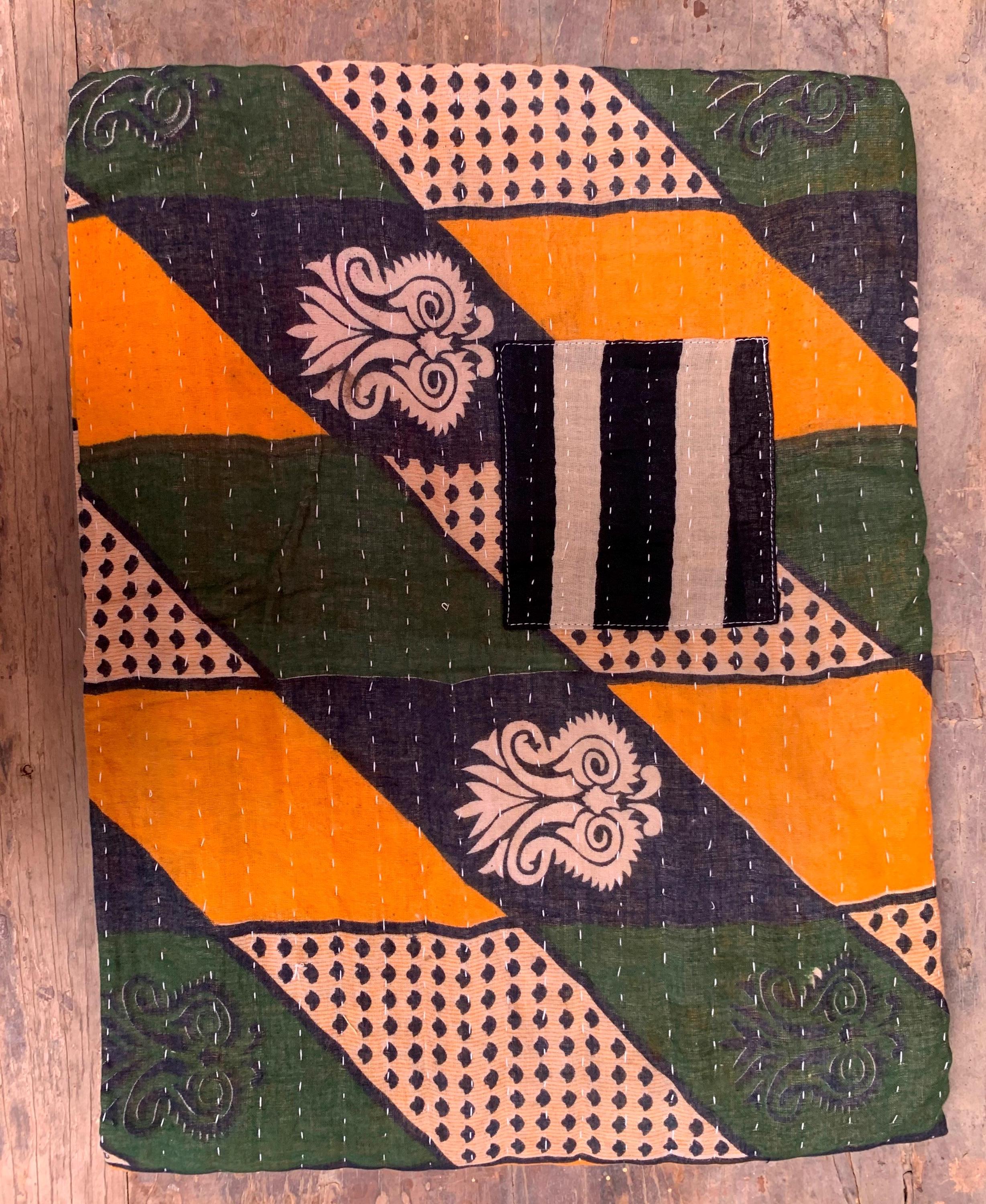 Vintage Kantha Quilt: Handmade Indian Patchwork Throw Blanket, Colorful Ethnic Throw 80X 50