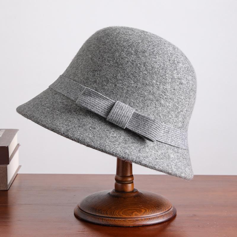 Vintage and Elegant 100% Wool Bow Top Hat for Women's Autumn and Winter New High-quality Warm Fisherman Hat Basin Hat