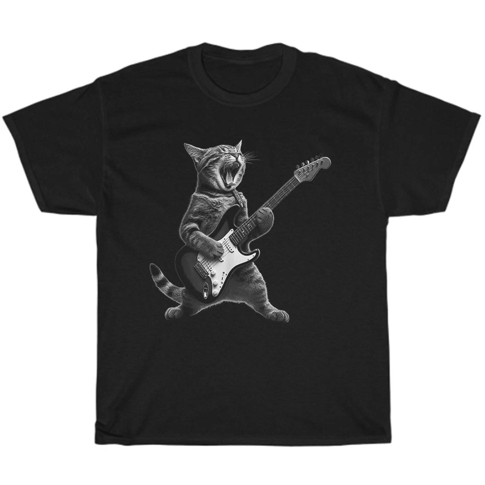 Cat Lover Graphic Tee Rock Star Guitar Playing Funny Unisex T-Shirt Gift XL