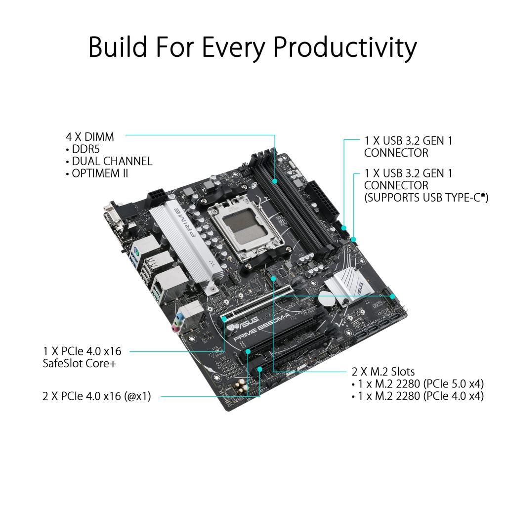 Asus AMD Socket AM5 Compatible B650M Chipset Motherboard PRIME Authorized Distributor Product Micro-ATX B650M-A/CSM/Domestic