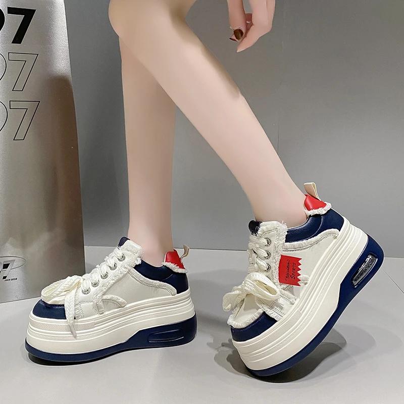 Fashion New Women Chunky Sneakers Autumn High Platform Leather Shoes Thick Bottom Vulcanize Shoes Breathable Female Casual Dad Shoes 8CM