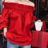 Süße Off Schulter Nettes Hemd Rot Rüschen Tops frauen Frühling Sommer Herbst Große Größe Casual Tops Streetwear