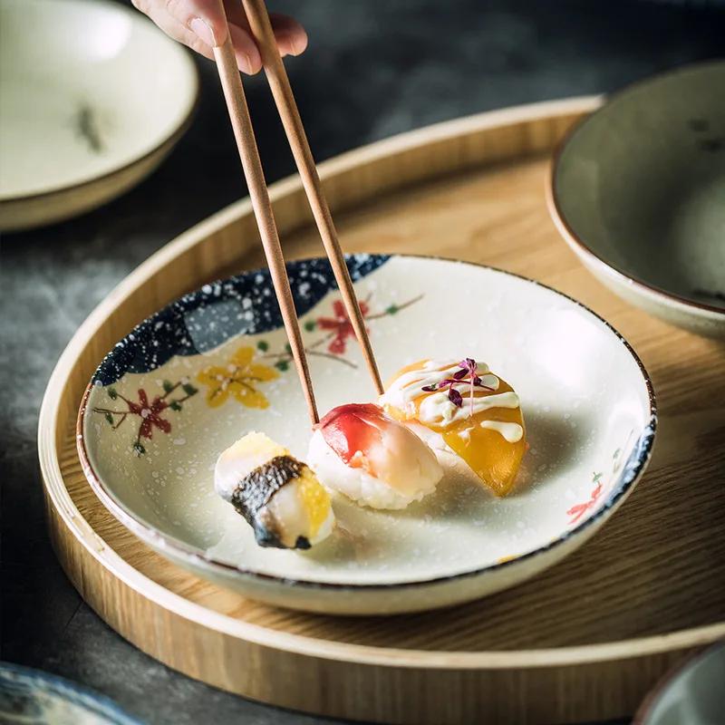 Japanese Style Underglaze Dish Sushi Dishes Cold Dish Dish Ceramic Plate Household round Fruit Flat Plate