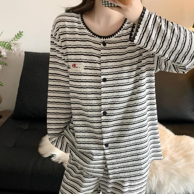 Korean Pink Striped Women's Pajama Set - Spring/Autumn 2026, Sweet Long Sleeve Cardigan Loungewear