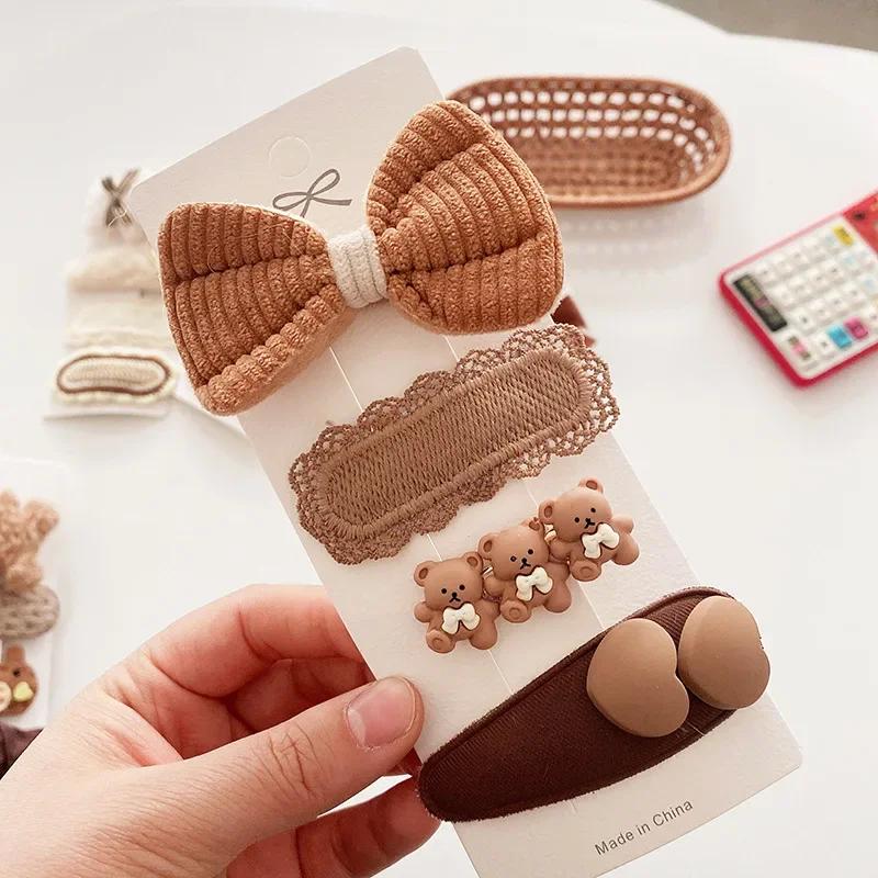 4pcs/set Beige Coffee Color Elegant Hair Clip for Young Kids Sweet Retro Floral Bow Children Barrettes Cute Hair Accessories