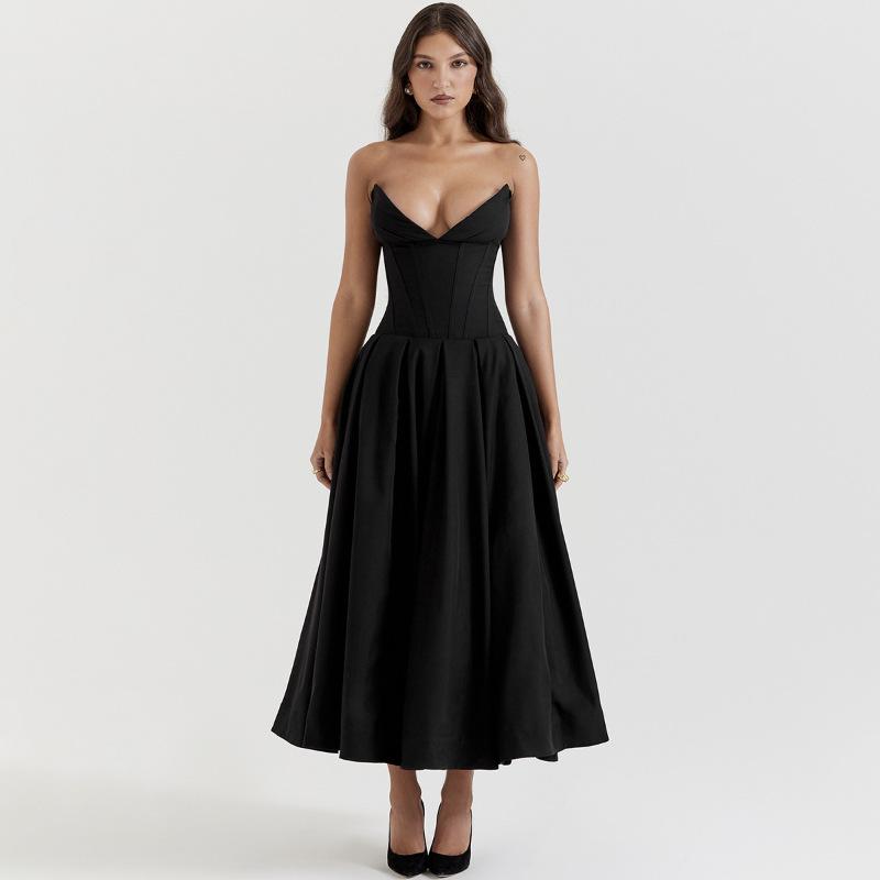New Sexy Tube Top Deep VA Word Skirt Fashionable Crumpled Sleeveless Backless Long Dress European and American Style Dress