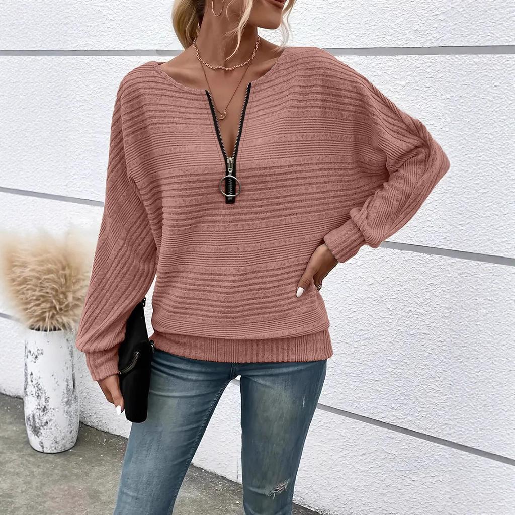 Autumn and Winter Casual Solid Color Zipper Top Women's Pullovers & Long Sleeves