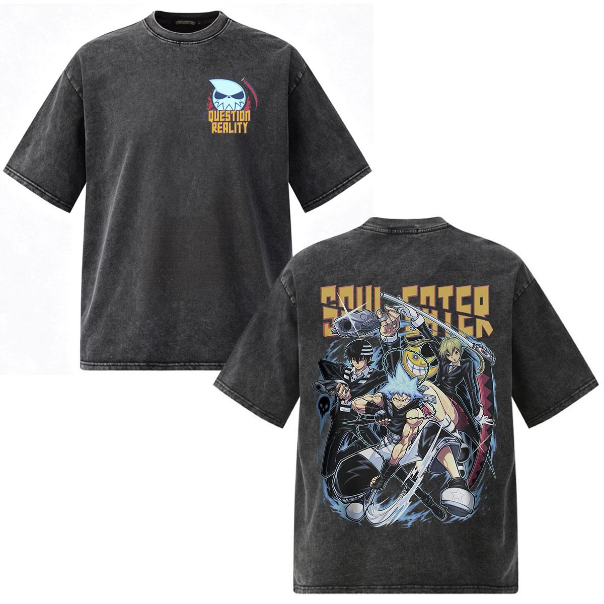 Vintage Washed Anime Soul Eater Black Star Death The Kid T Shirts Men Women Clothing Fashion Tshirt Cotton Short Sleeve T-shirts S