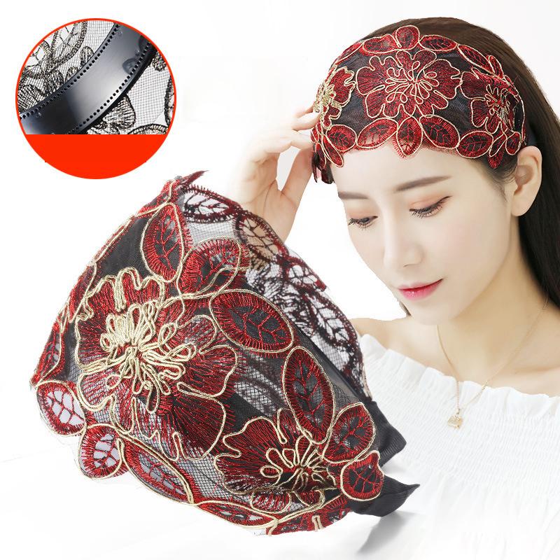 

Lace Flowers Headband Wide Women Hair Hoop Head Bands Toothed Non-Slip Elastic Hairband Bezel Hair Accessories Headdress as the picture