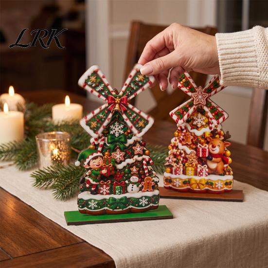 Kerstman Bureau Centerpiece Kerst Windmolen Houten Ornament, Decoratief Ambacht met Draaiend Peperkoekhuis Tafeldecor Bladen, Handgemaakt