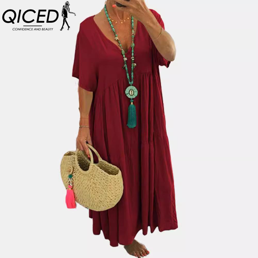 QICED Moda damă vară primăvară culoare uni imprimeu mâneci scurte cu decolteu în V talie înaltă rochii casual