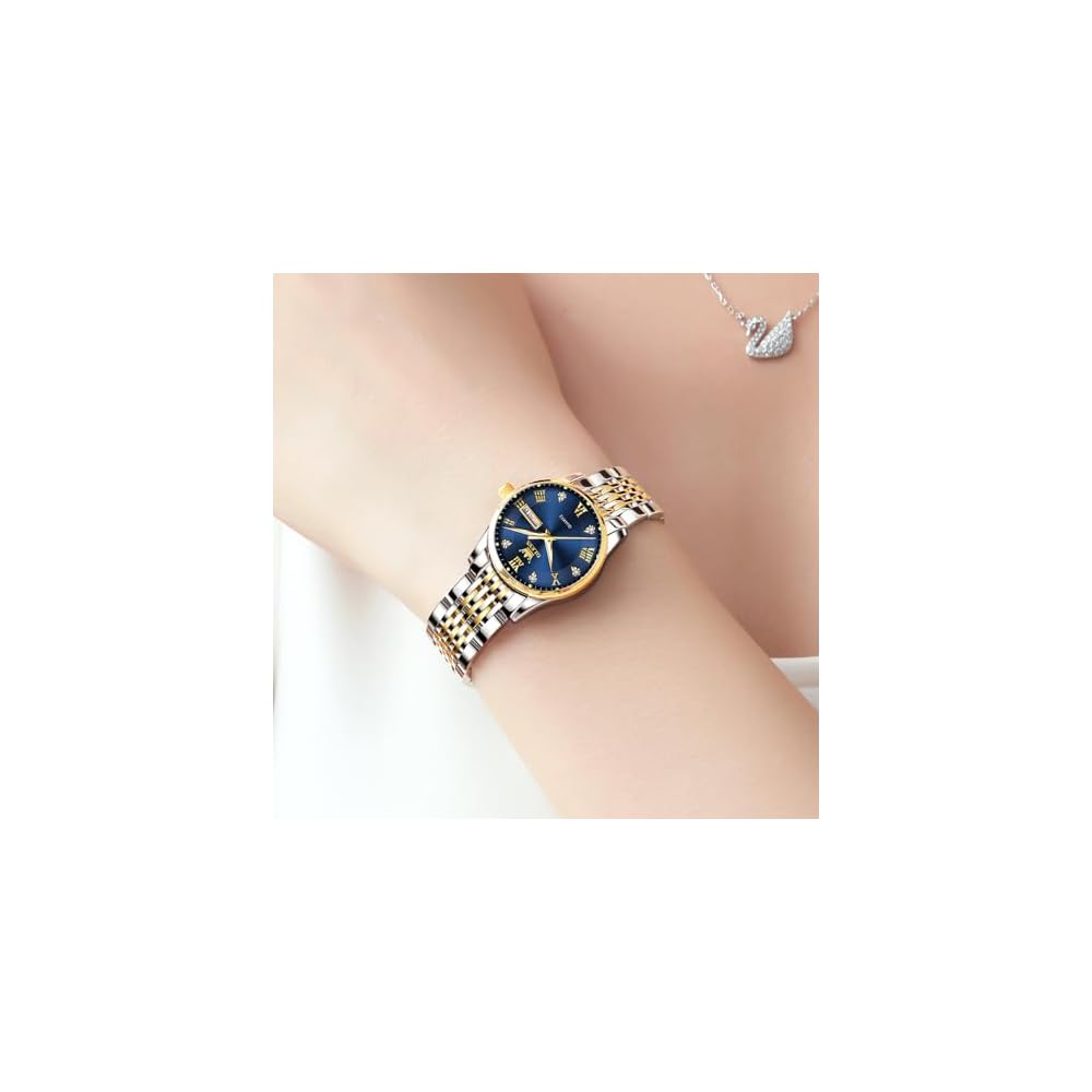 OLEVS Women's Analog Quartz Watch Waterproof Luminous Date Day Display Gold Silver Stainless Steel Band Blue Dial