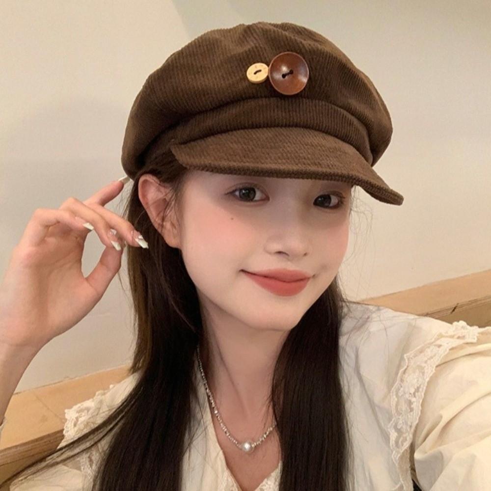 Y2k Double Button Berets Hat Japanese Painter Hat Retro Corduroy Baseball Cap  Winter