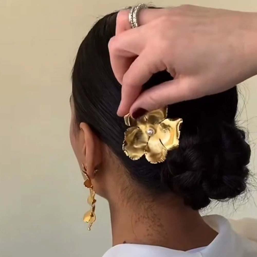 5pcs Retro Golden Flower Hair Forks Elegant Wave Zinc Zinc Alloy Barrettes Hair Clips Pearl Side Clips Women