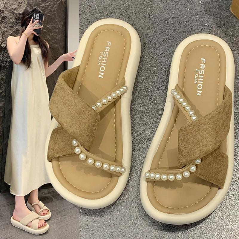 

2025 New Fashion Women s Summer Slippers: Chinese Style, Thick Sole, Comfortable, Stunning Design for Skirts 38 бежевий