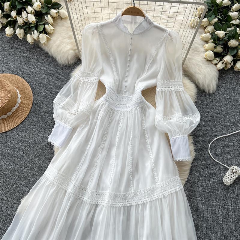 New Heavy Craft Lace Embroidery Hollow Out Party Evening Long Dress Women's Stand High Waist Lantern Sleeve Dresses Holiday