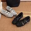 Spot~ Women's Shoes 2025 Spring and Summer Single Shoes Woven Lambskin Round Head Double One-word Strap Flat Mary Jane Single Shoes