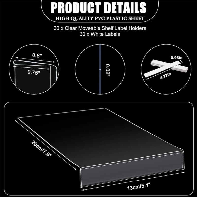 30Pcs Clear Plastic Adjustable Adhesive Label for Shelving Inventory Management Home Office Warehouse Use