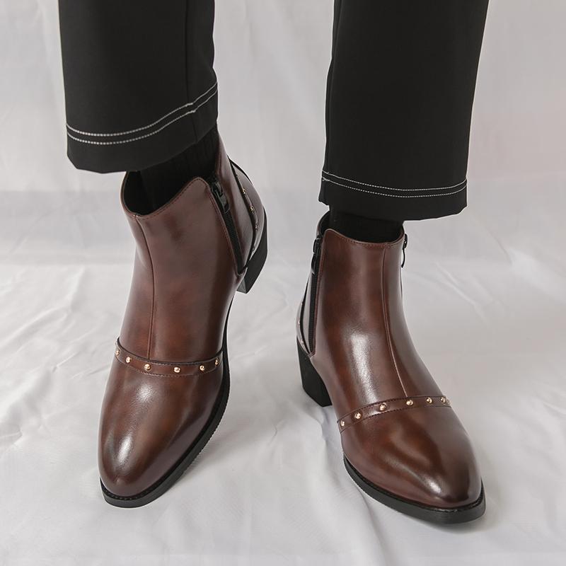 Men’s Short Boots Elevator Chelsea Boots Retro Tuxedo Ankle Boots Pointed Toe Retro Black Heel Boots Large Size
